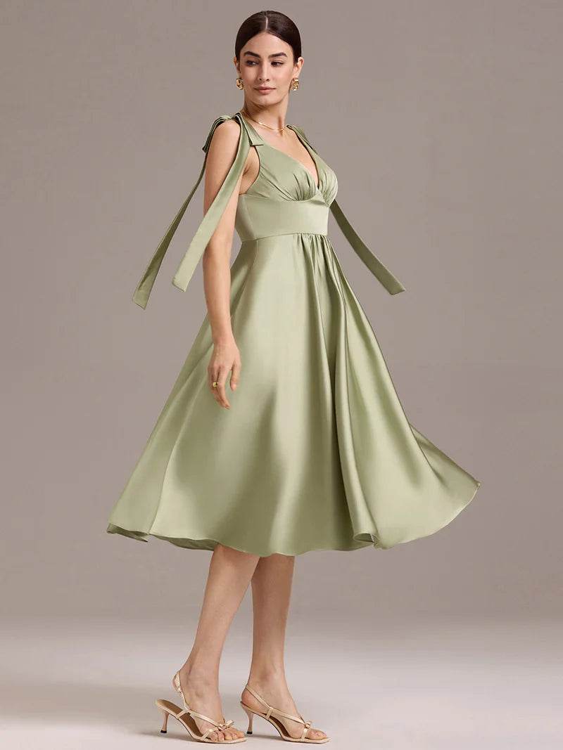 Sage Green Satin Midi Dress with V-Neck and Tie-Shoulder Straps - Biamonde